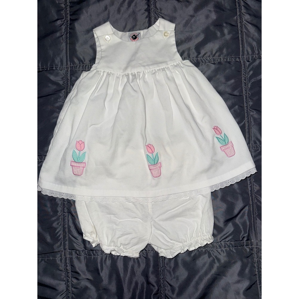 Vintage Good Lad White Pique Tulip Embroidered Dress and Bloomers Set 24M 18295